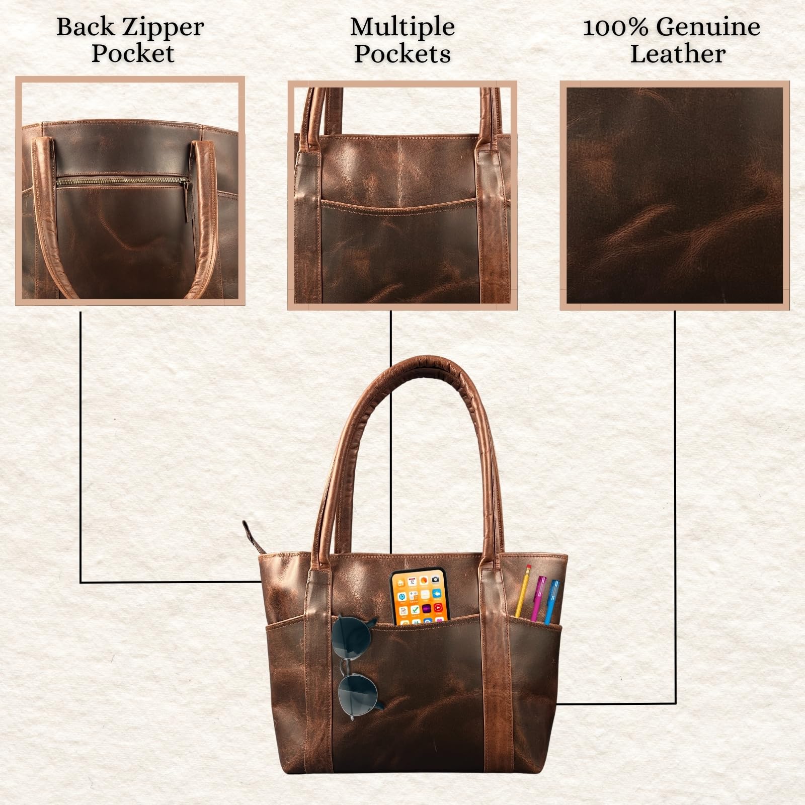 Madosh Genuine Leather Brown Tote Bag Messenger Bag Ladies Purse Crossbody Shoulder Satchel Handbag